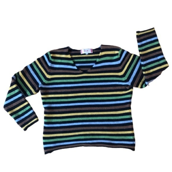 100% Cashmere Multicolor Rainbow Striped V-neck Sweater - Picture 11 of 16